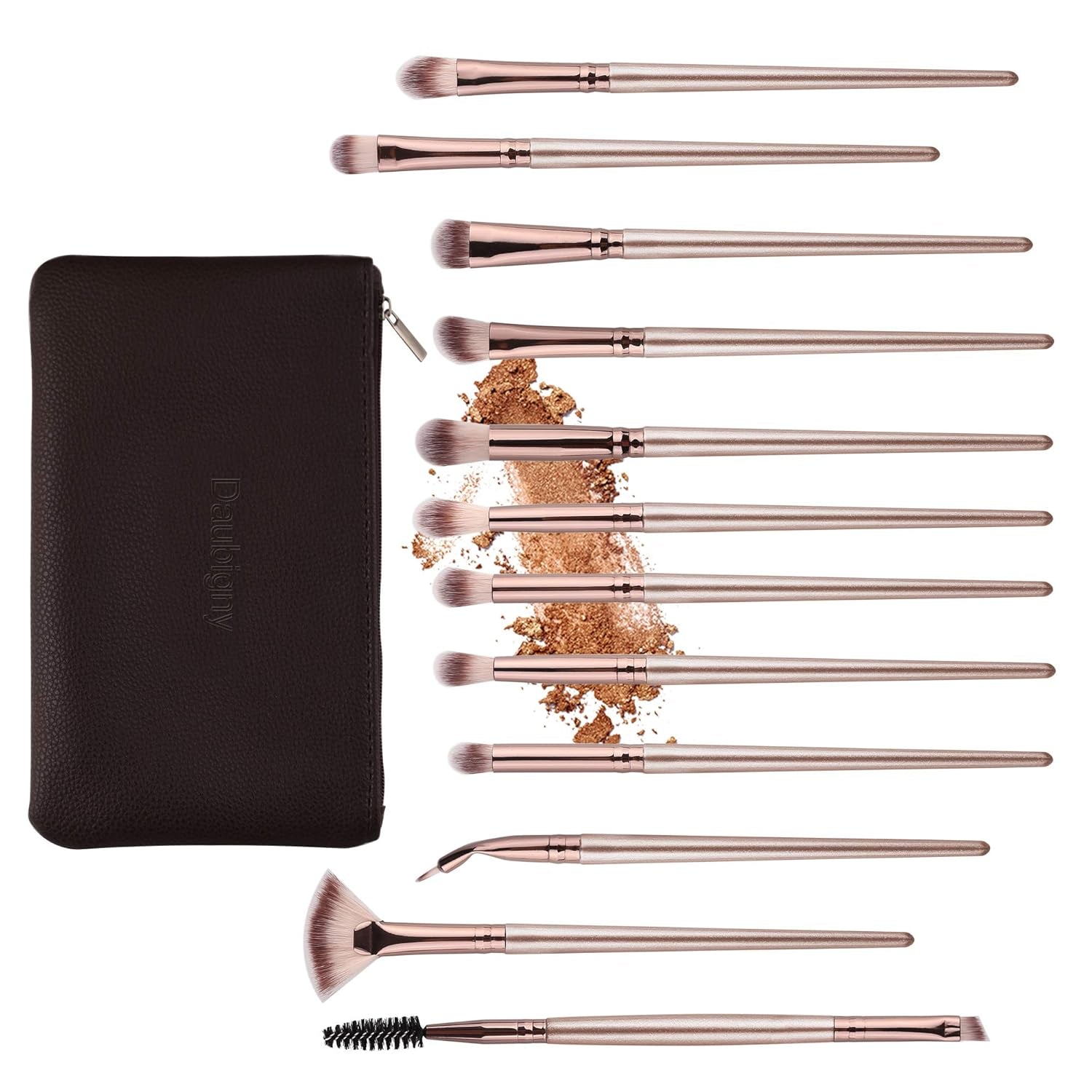 12-Piece Professional Eye Makeup Brush Set for Eyeshadow, Concealer, Eyebrow, Foundation, and Powder with Carrying Bag (Champagne Gold)